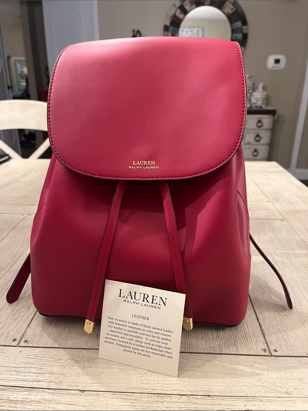 LAUREN Ralph Lauren Red Leather Backpack with Gold Hardware